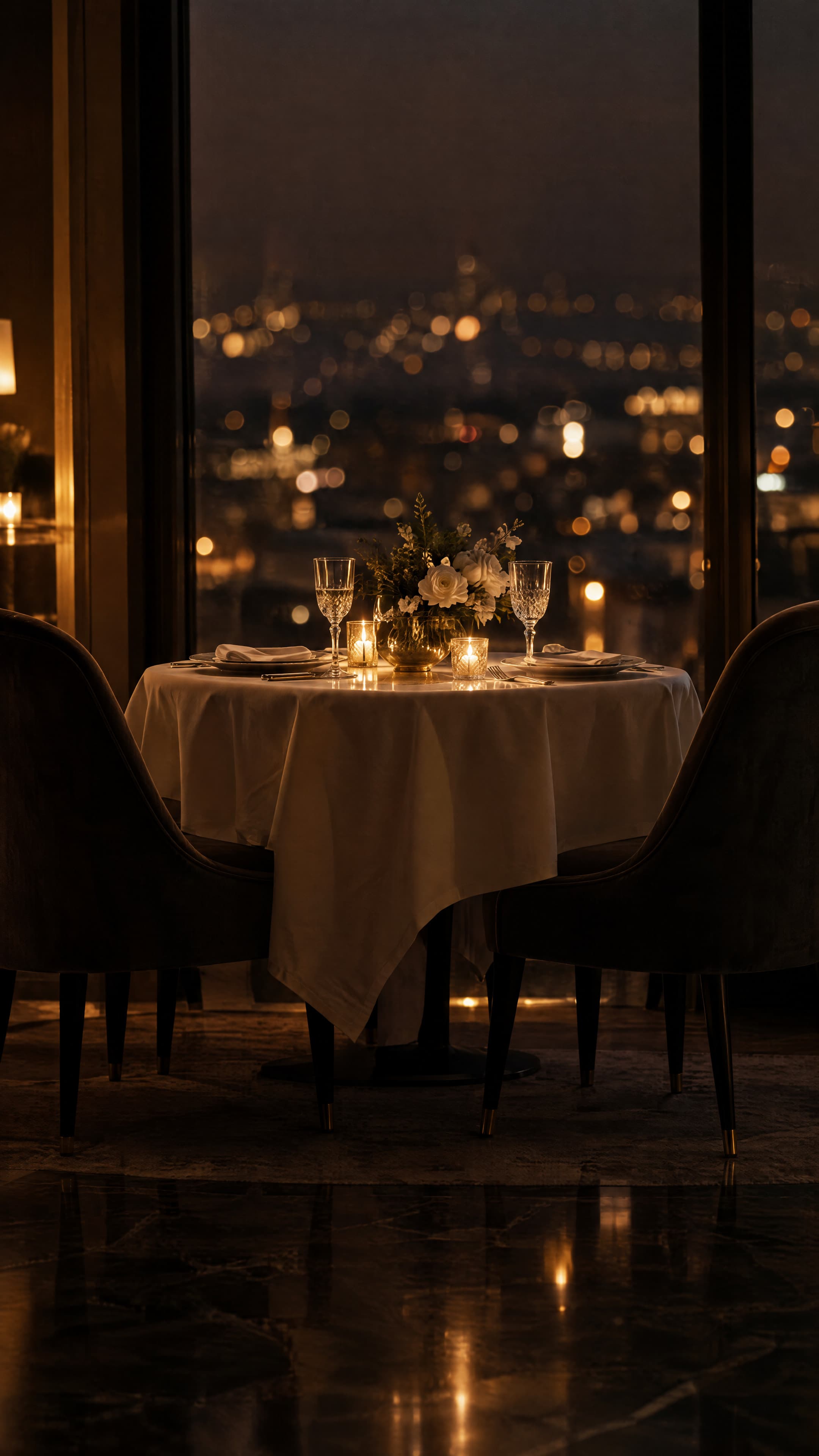 An evening table set for two, candlelight on crystal.