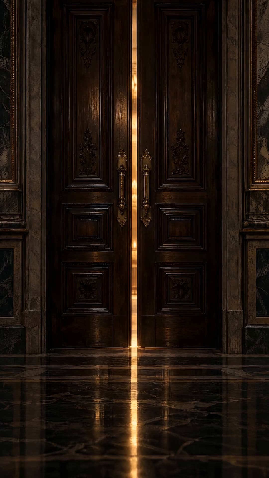 Two tall doors of dark carved wood, closed: a blade of warm light between them, on the marble floor.
