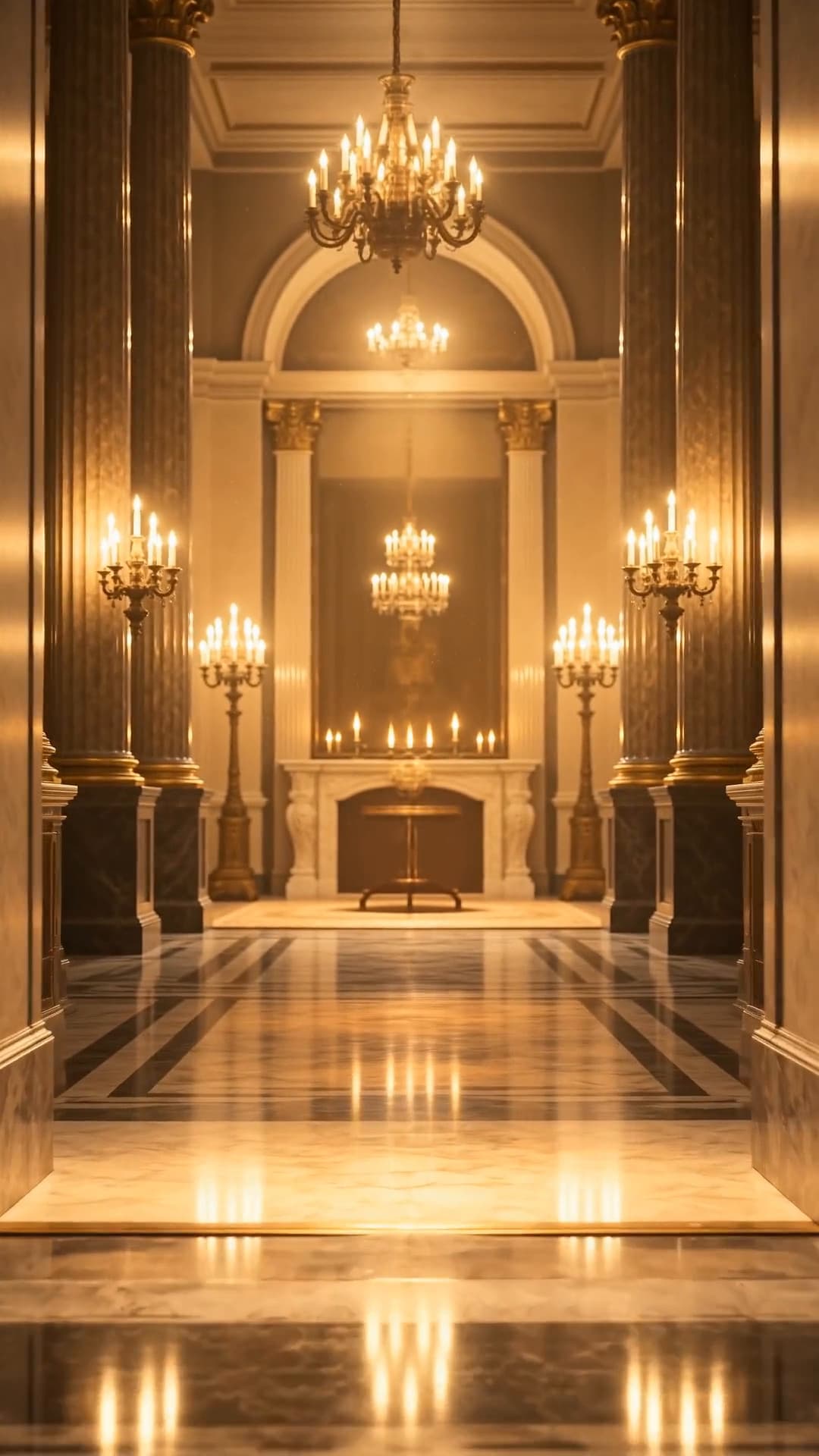 The same doors wide open on a hall of chandeliers, the marble floor shining with warm light.
