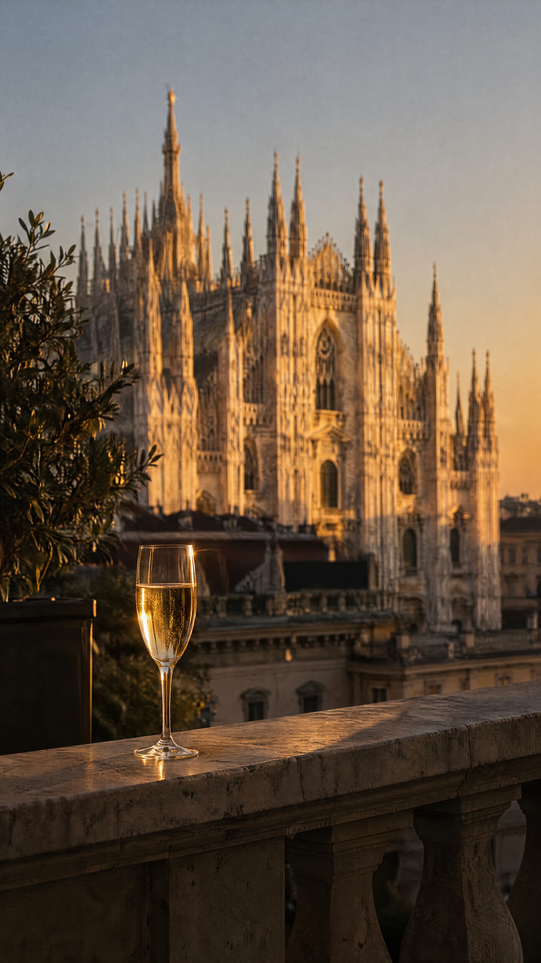 The Duomo at sunset from a terrace: a glass of champagne and a brass lamp on the stone balustrade.