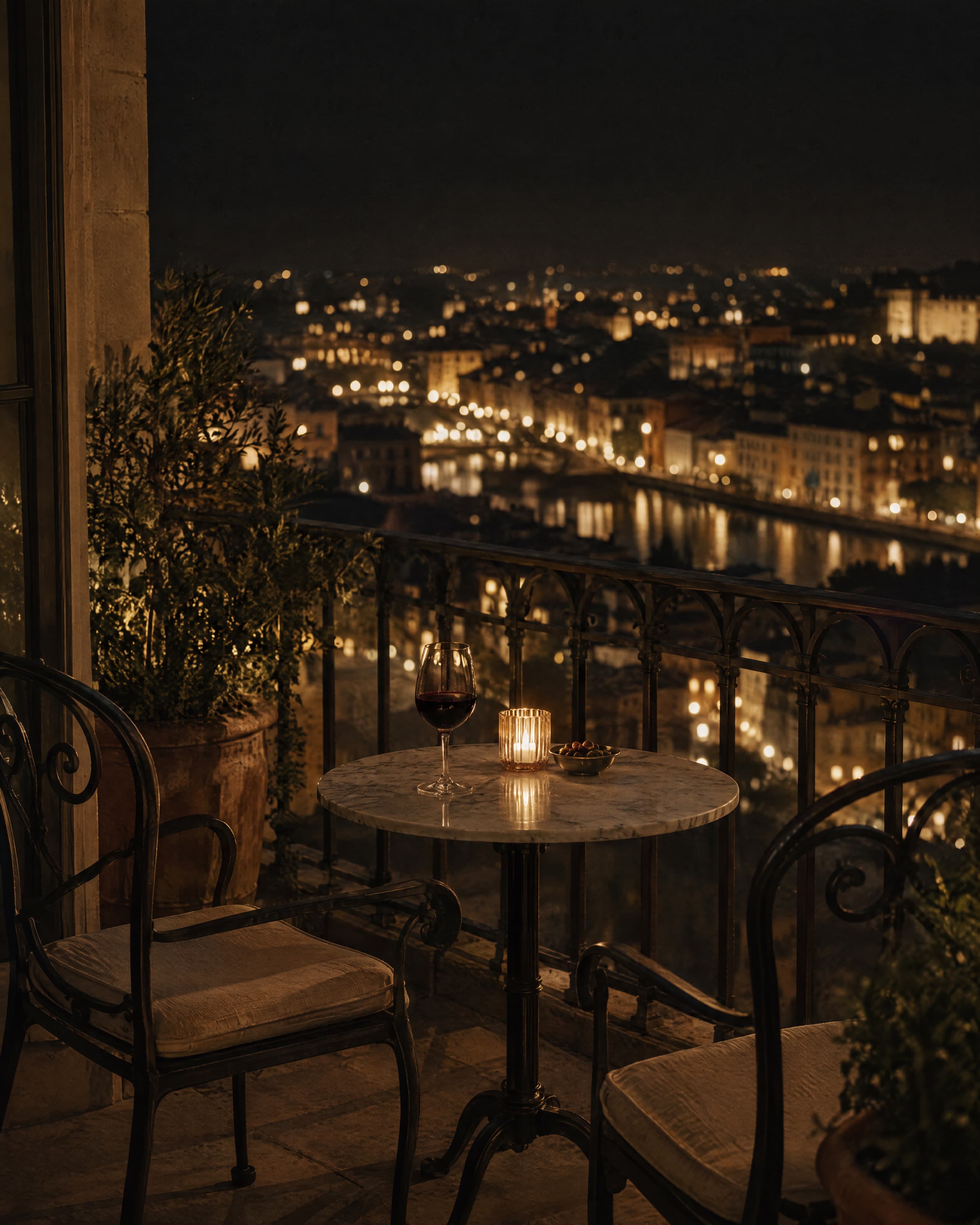 A table for two on a balcony at night, a glass of red wine and a candle, the city lights along the river.